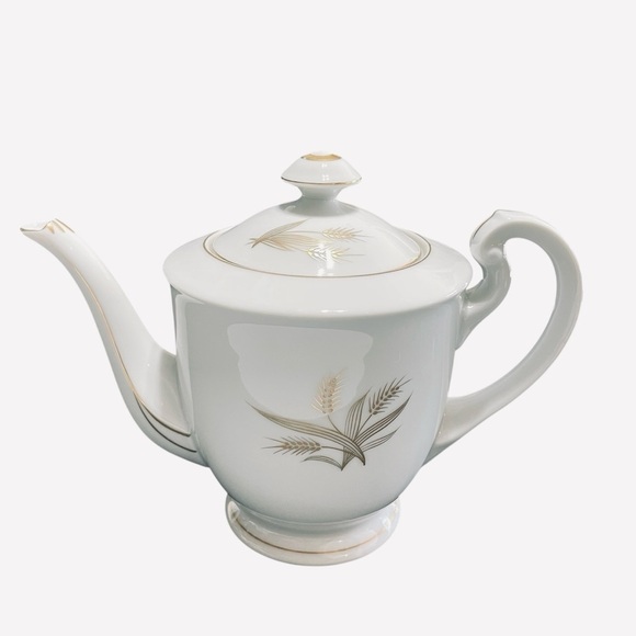 Hakusan "Gold Wheat" China Creamer, Sugar Bowl, Tea Pot & Snack Plates Japan - Picture 3 of 15